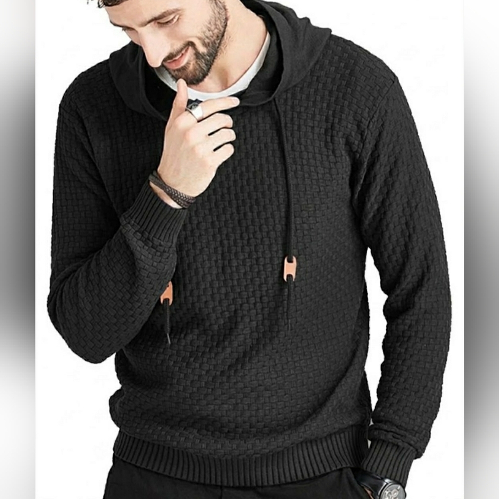 iWoo Black Waffle Knit Hooded Pull Over Sweater Mens XL